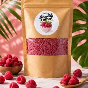 SmoothlyFresh Ruby Raspberry smoothiebowl verpakking met frambozen