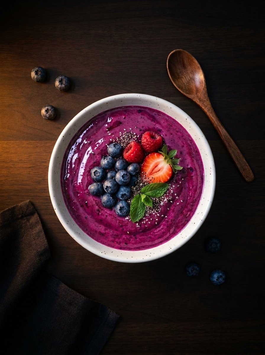 Afgewerkte SmoothlyFresh bowl met bessen en munt