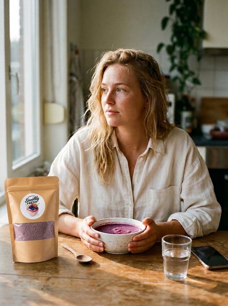 Vrouw met SmoothlyFresh bowl en verpakking aan tafel